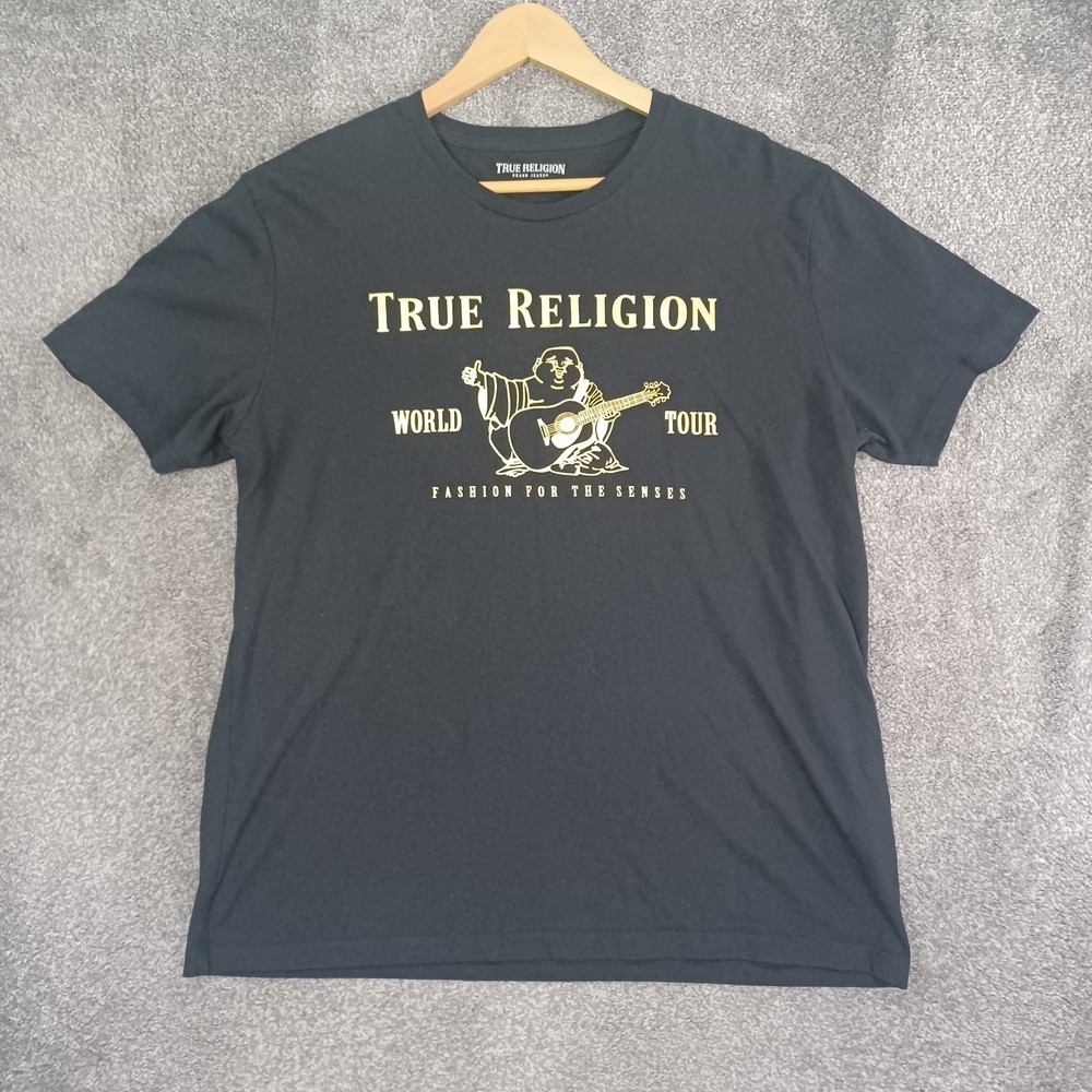 True Religion T-shirt Mens Extra Large Black Metallic Buddha SS Tee World Tour