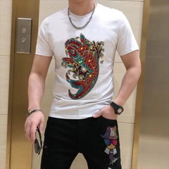 New Fashion Diamond Fish Rhinestones Short Sleeve Luxury Men Black White T-Shirt