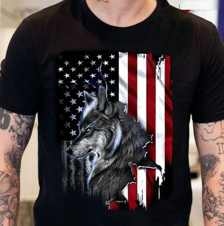 Men Cotton Wolf Print T Shirt Casual Graphic Tee Short Sleeve Soft Crew Neck Top