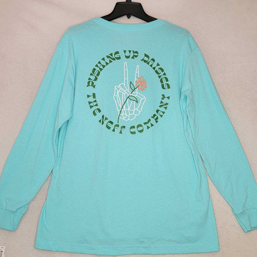 NEFF SKELETON SHIRT MENS XL GREEN BLUE LONG SLEEVE PUSHING UP DAISIES NWT