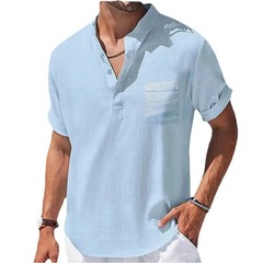 Summer New Men’s Cotton and Linen Shirts Short-Sleeved T-shirt Henry Collar Casu