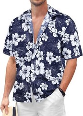 Mens Button Down Hawaiian Floral Shirt Casual Beach Vacation Tropical Top