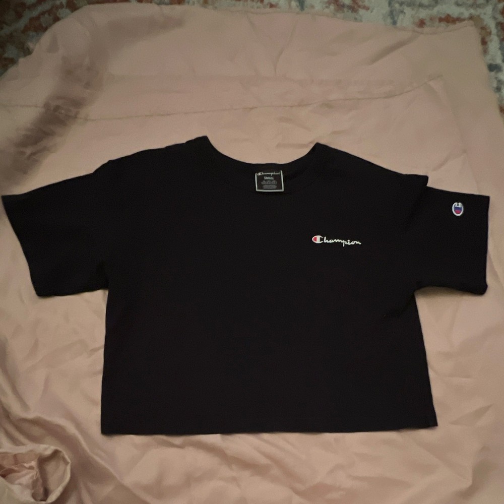 Champion Women Black Crop Top Embroidered Logo Solid Crew Neck Short Sleeve Tee