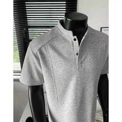 American Style Henry Collar Shirt Men’s Summer Splice Mamba Cotton Short Sleeve
