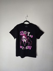 Ghost Face Black Graphic Tee with Pink Accents – Large