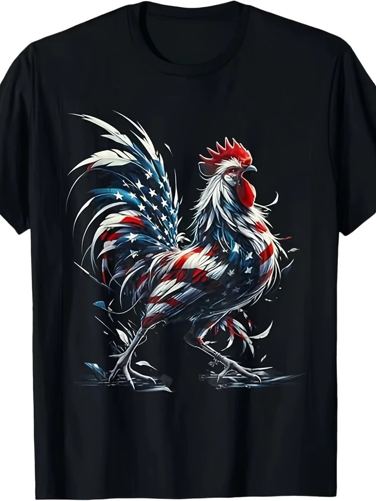Patriotic American Flag Rooster T-Shirt USA Stars Stripes 4th Of July Men Tee
