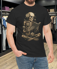 Skeleton Reading Flowers Creepy Halloween Black T-Shirt
