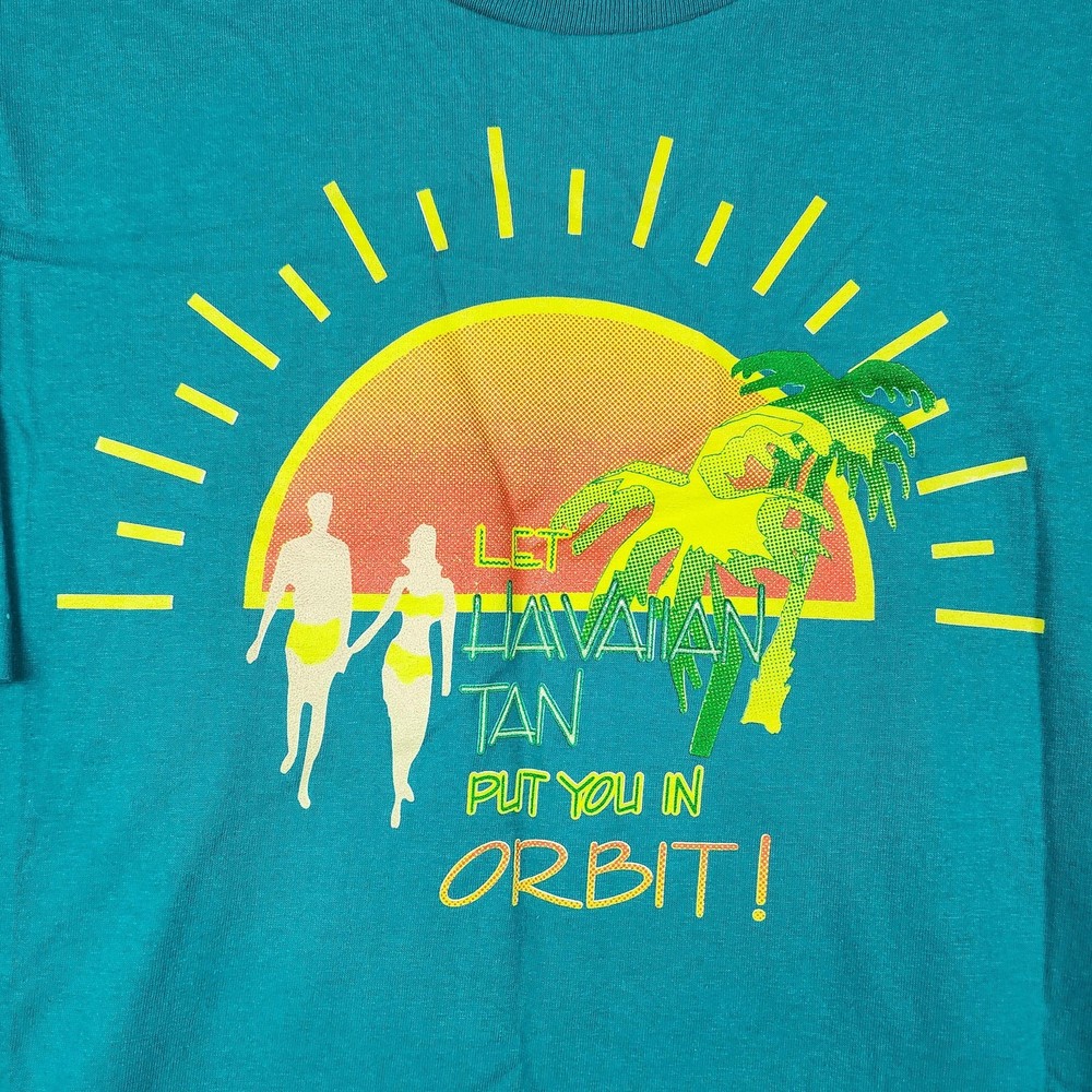Vintage Hawaiian Tan Shirt Mens XL Teal Sun Palm Graphic Beach Promo 80s Relax