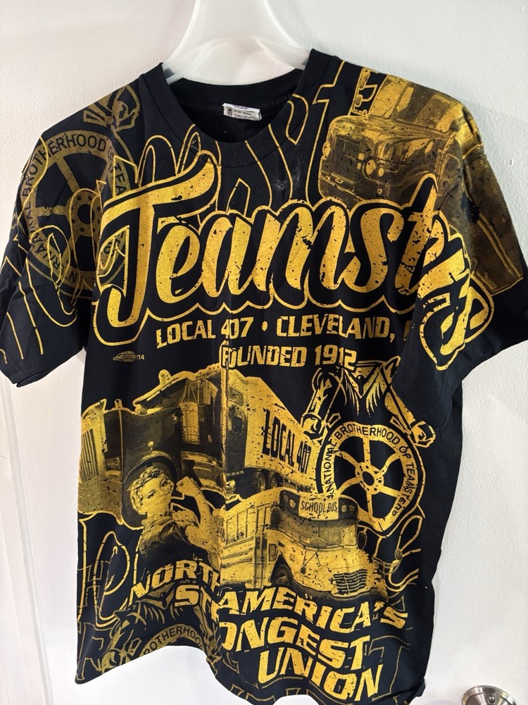 Vintage Unionmade Teamsters 90s Local 407 Cleveland All Over Graphic Tee Size XL
