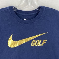 Nike GOLF Mens Tee Size Small Navy Blue Gold Foil Logo Crew Short Sleeve Cotton