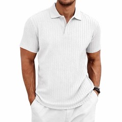 Men’s knitted textured simple short-sleeve polo shirt, casual golf business top,