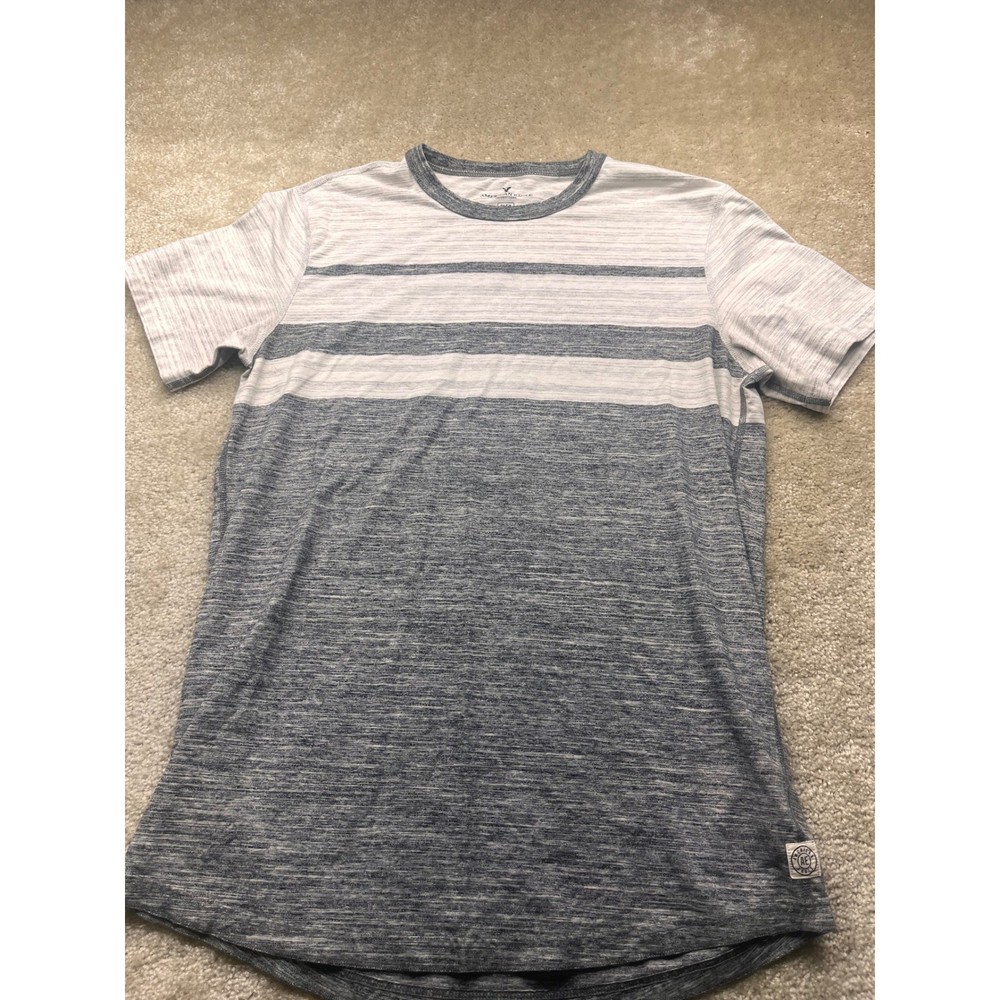 American Eagle Flex Stripe Tee Mens Large Tall Grey White Marled Crew Neck Shirt