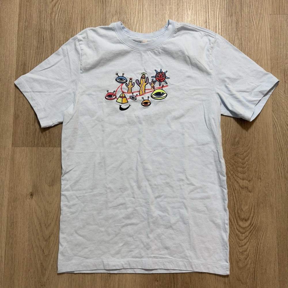 Nike T-Shirt Mens Small Blue Alien Eyes Graphic Swoosh Trippy Cactus Pyramid
