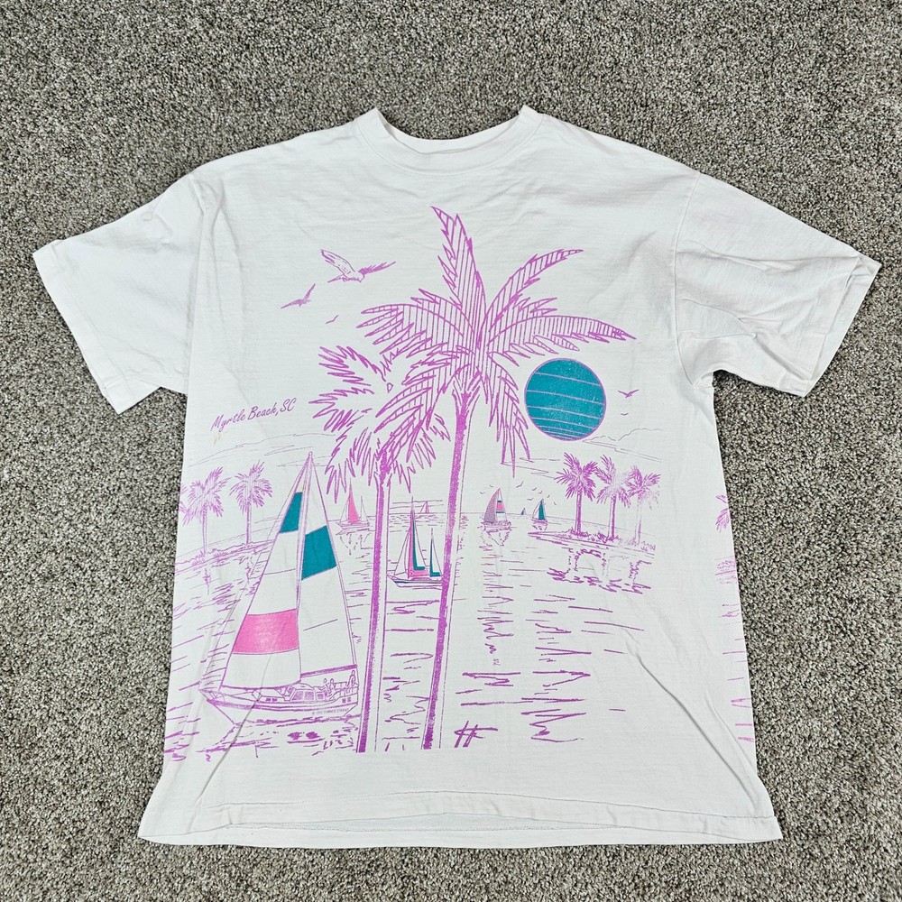Vintage Myrtle Beach Shirt Mens Large White AOP 90s Single Stitch Palm Boat Art