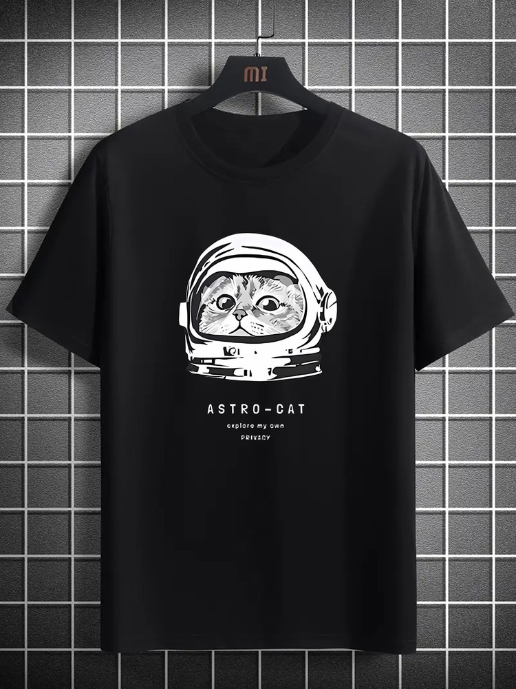 Astro-Cat Graphic T-Shirt – Casual Adult Polyester Knit Tee with Slight Stretch
