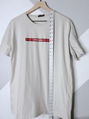 Prada Logo Mens XL Slim Fit Beige Graphic T Shirt Red Box Logo Cotton
