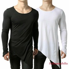 Mens Asymmetric Slit Hem Summer T-shirt Top Tee Long Sleeve Pullover Shirt Hot