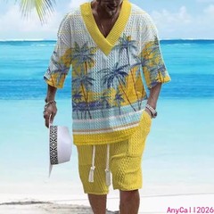 Beach Loose Print V-neck Mens Knitted Short-sleeved Short-shorts Set Casual 2pcs