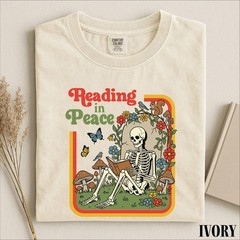 Reading in Peace Shirt Skeleton Book Lover Funny Halloween Reader Unisex Tee