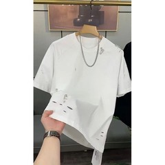 Trendy Men’s Streetwear Distressed Cotton T-Shirt Rhinestone Pin Casual Top