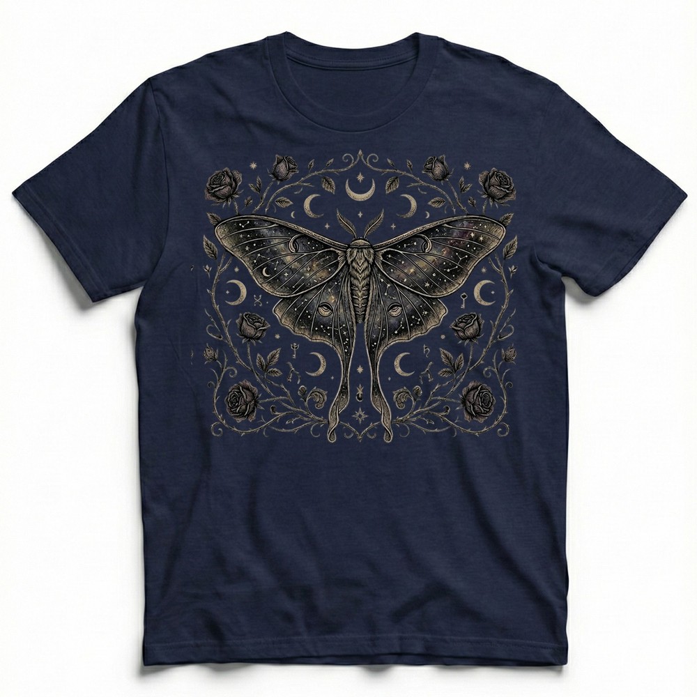 Luna Moth Galaxy Roses T-Shirt Gothic Witchy Celestial Boho Night Sky Gift Tee