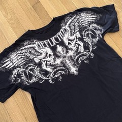 Affliction Shirt Mens XL Black Winged Up Skulls Gothic Cross Made in USA Y2K