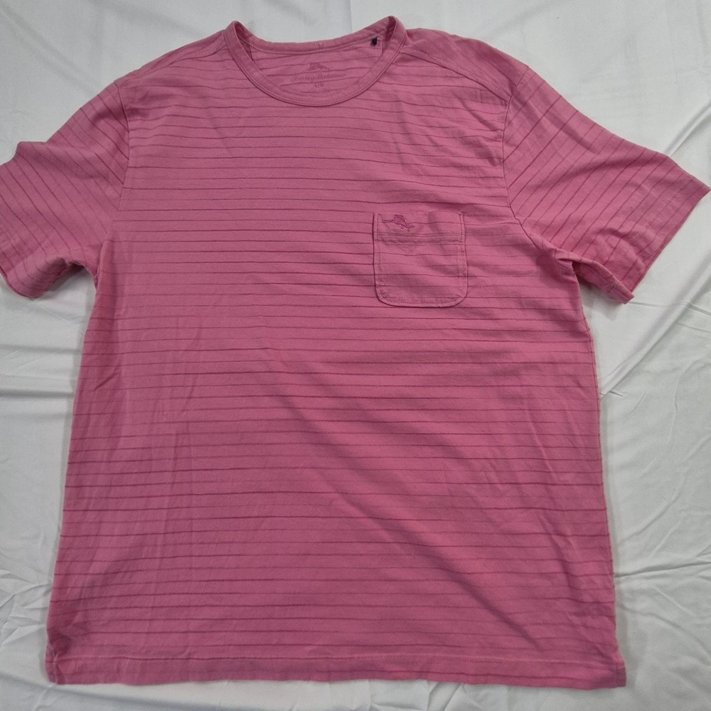Tommy Bahama Shirt Mens Large Pink Striped Pocket Tee Cotton Casual Crewneck