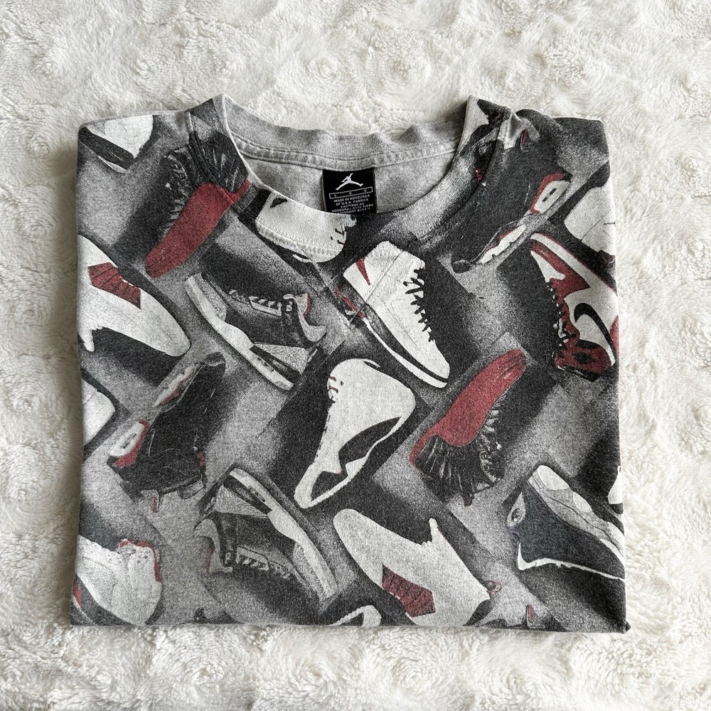 Vintage Nike Air Jordan Shirt Tee Mens Large Gray Sneaker AOP Jumpman Streetwear
