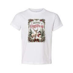 Merry Christmas Graphic Unisex T Shirt With Deer Snowman In Winter Forest Scene