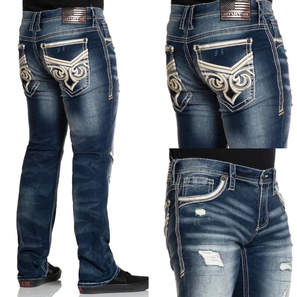Affliction Men’s Denim Jeans ACE AMEND DAYTON Embroidered Blue $135