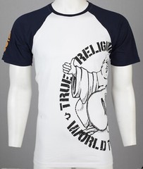 $79 TRUE RELIGION White Navy PART BUDDHA Short Sleeve Designer Raglan T-shirt