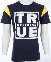 $79 TRUE RELIGION Navy SQUARE FOOTBALL Short Sleeve Designer Graphic T-shirt NWT