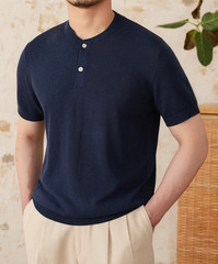 Retro Henry Collar Knitted Short-Sleeved T-Shirt Men Business Linen Blend Top