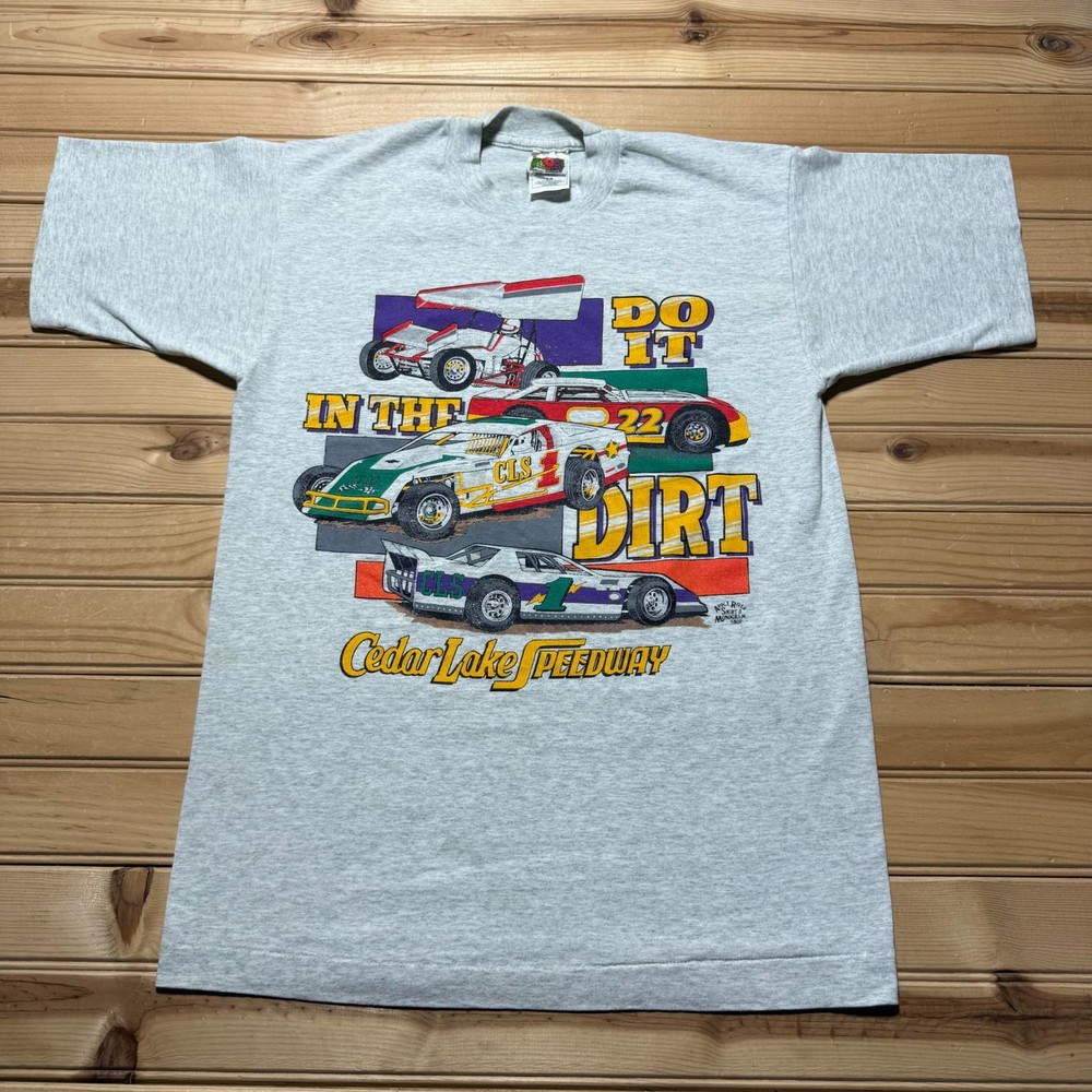 Vintage 90s Cedar Lake Speedway Dirt Clay Race Track Cars Graphic T-Shirt Medium