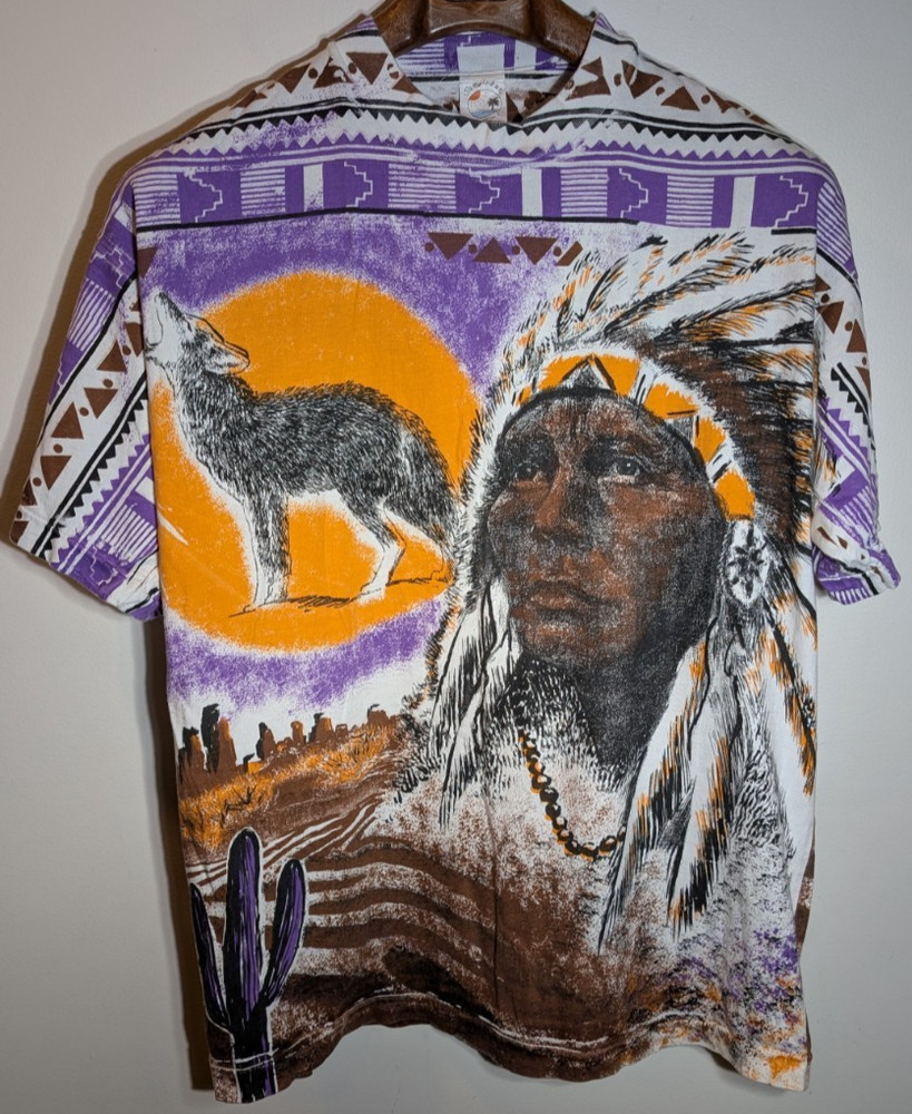 Vintage 1990s Native American Americana Chief Wolf Sun L T shirt