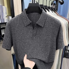 Men’s Breathable Knitted Polo Tee Short Sleeve V Neck Striped Fabric Lightweight