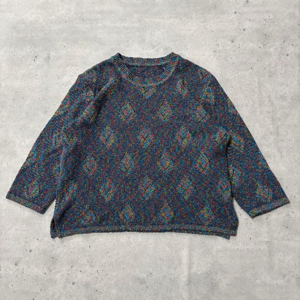 One-of-a-kind all-oer pattern retro knit sweater mix color short length thin