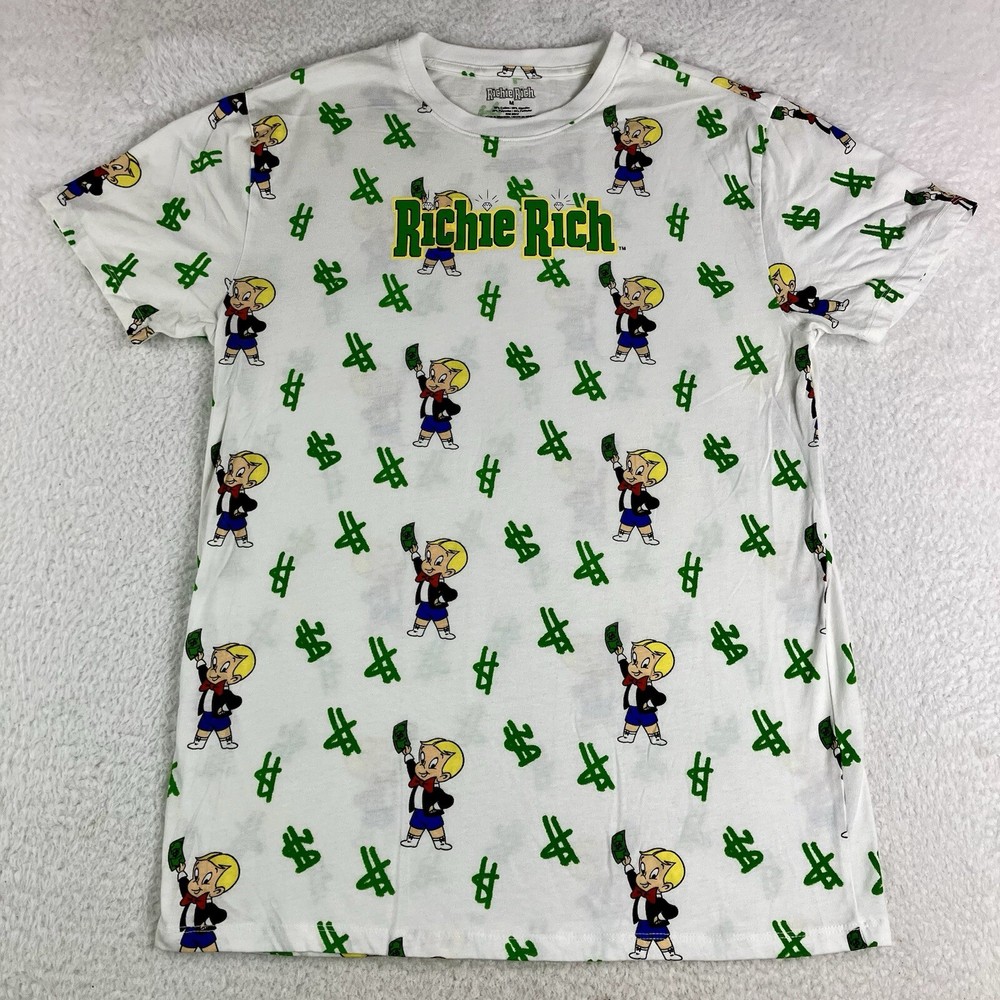 Richie Rich Money Logo Graphic T-Shirt Size Medium Dollar Sign Green Cartoon EUC