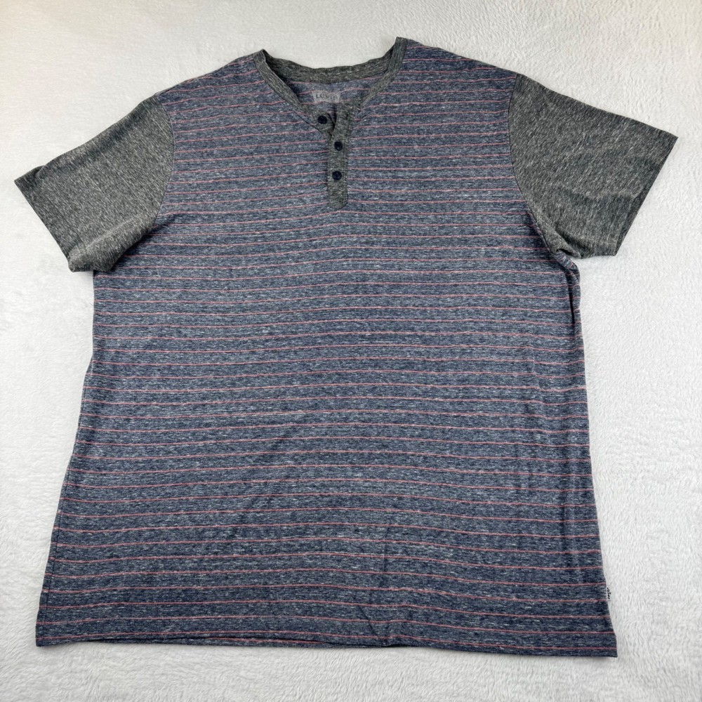 Levi’s Henley Shirt Men XL Blue Grey Striped Short Sleeve Marled Casual 3-Button