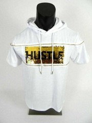 Mens Hoodie T-Shirt Reverse Gold Sequins Logo White Slim Fit Hip Hop M L XL XXL