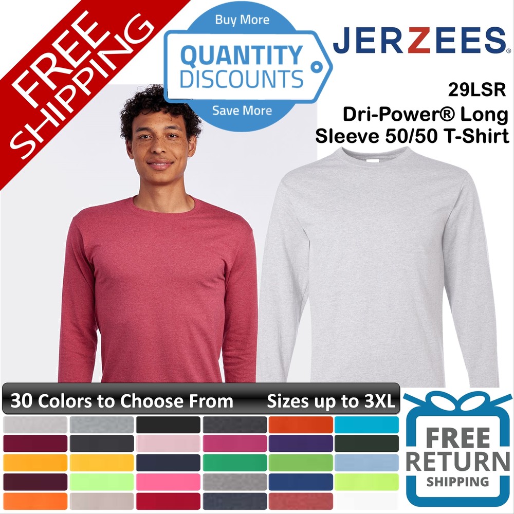 🔥 Jerzees Men Dri-power Long Sleeve 50/50 T-shirt Pre-shrunk Up To 3XL 29lsr