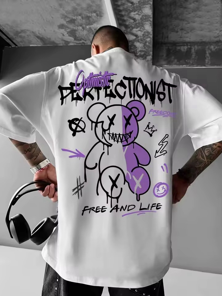 New Men T-shirt Fashion Letter Bear Print Pattern Size M+US SELL+FREE SHIPPING