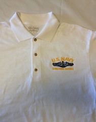 US Navy SUBMARINE SERVICE Embroidered Golf Shirt Sub Vet SILVER Dolphins WHITE