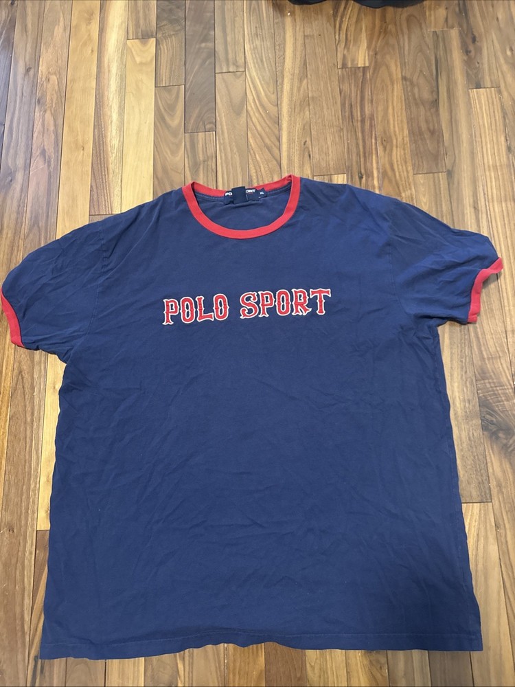 Vintage Polo Sport Ralph Lauren T-Shirt Mens XL Navy Blue Ringer Spell Out Tee