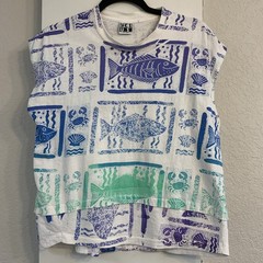 Vtg 80s 90s Surf T Shirt All Over Block Print Fish Sleeveless One Size Yes U.S.