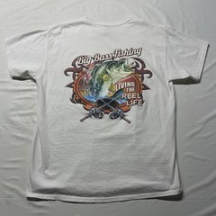 Bass Fishing Art T-Shirt Mens Large Living The Reel Life Dad Lake Beach Fish Y2K