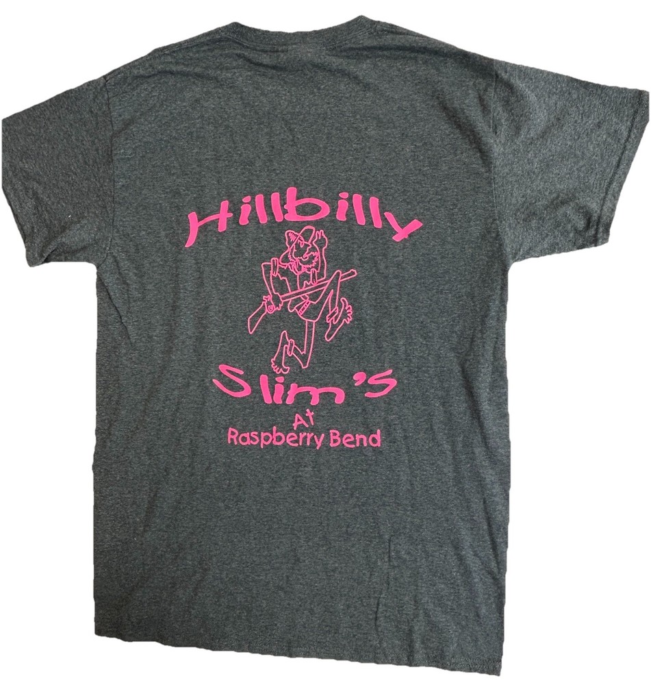 Hillbilly Slim’s Raspberry Bend T-Shirt Gray Pink Graphic Gildan Medium