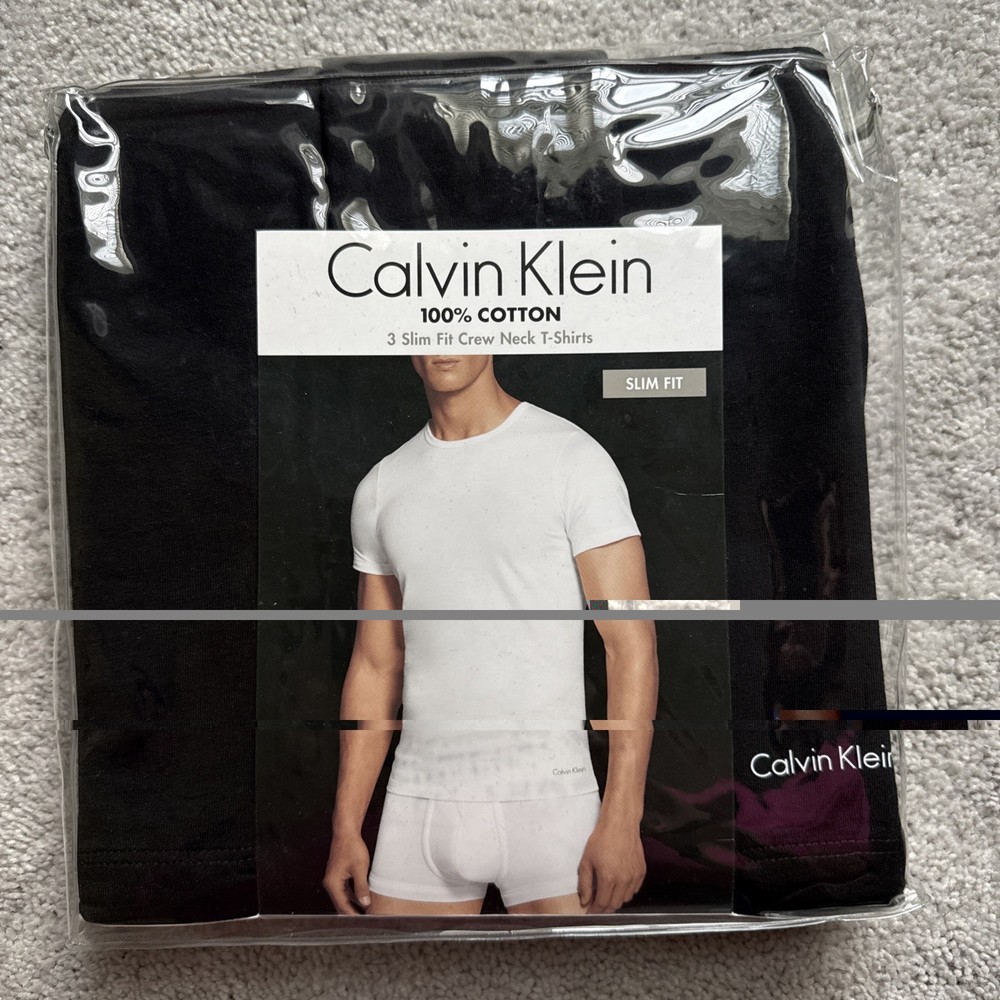 NWT Calvin Klein 100% Cotton 3 Pack Slim Fit Black Crew Neck T-Shirts Mens Sz L