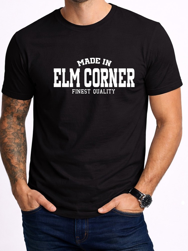Product Of Elm Corner Mens Black T-Shirt Birthday Gift Local
