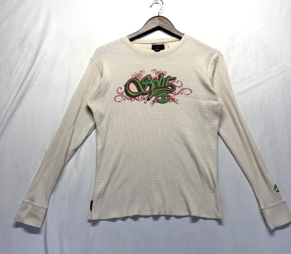 VTG Split Skateboard Thermal Shirt Unisex Medium Cream Graphic Print Waffle Knit